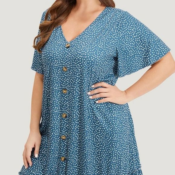 Water Drop Print Button Ruffled Dress - Picture 2 of 6